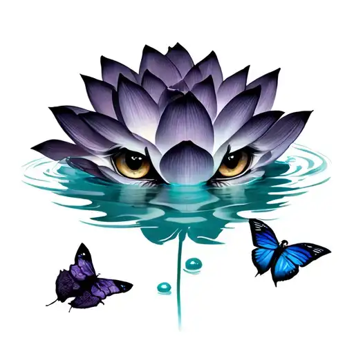 black panther eyes in water behind lotus flower and butterfly resting on lotus flower  tattoo design idea