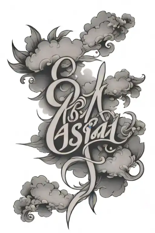 the name ''assiah'' in a pretty writing with clouds in the backround  tattoo design idea