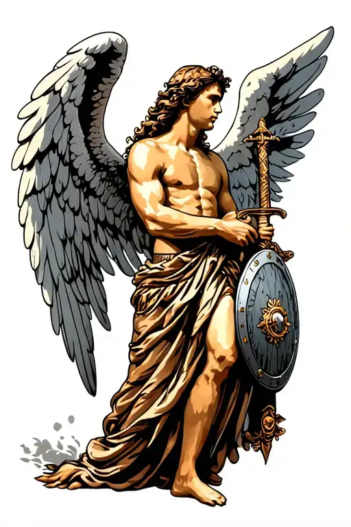 full back tattoo angel Michael archangel with sword and shield  tattoo design idea