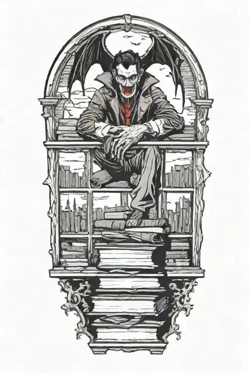 A vampire sitting atop of books. Full moon outside window. Bats flying and hanging. tattoo design idea