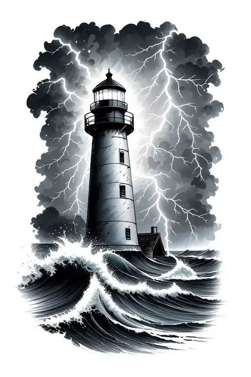 lighthouse shining in thunder Storm Lightning and big waves  tattoo design idea
