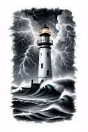 lighthouse shining in thunder Storm Lightning and big waves  tattoo design idea