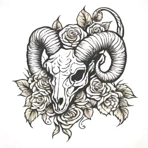 ram skull with roses wrapped around horns tattoo design idea