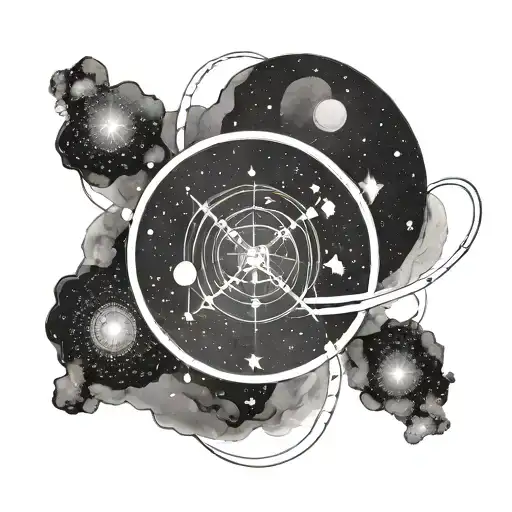 Design a minimalist tattoo incorporating the constellations for Aries, Sagittarius, and Virgo along with an infinity loop, in a black-grey style tattoo design idea