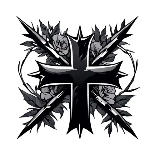 Flat vector tattoo design on a forearm featuring a bold black cross with sharp nail spikes, intertwined with a floral pr tattoo design idea