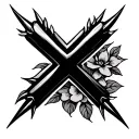 Flat vector tattoo design on a forearm featuring a bold black cross with sharp nail spikes, intertwined with a floral pr tattoo design idea