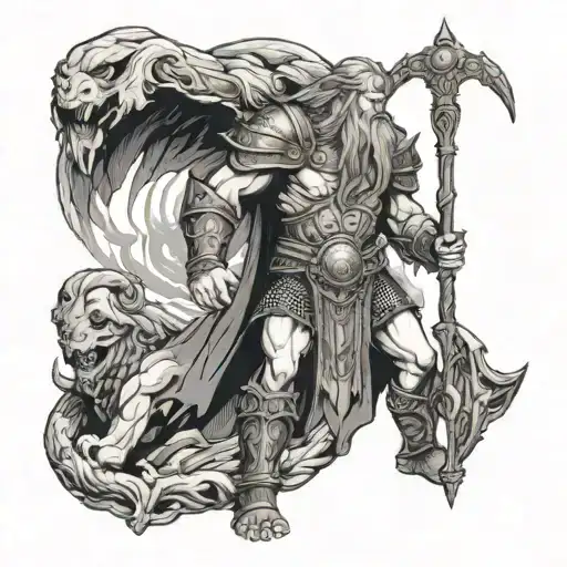 A Nordic god who is opening the doors of Valhalla to warriors fallen in combat, the god is imposing tattoo design idea