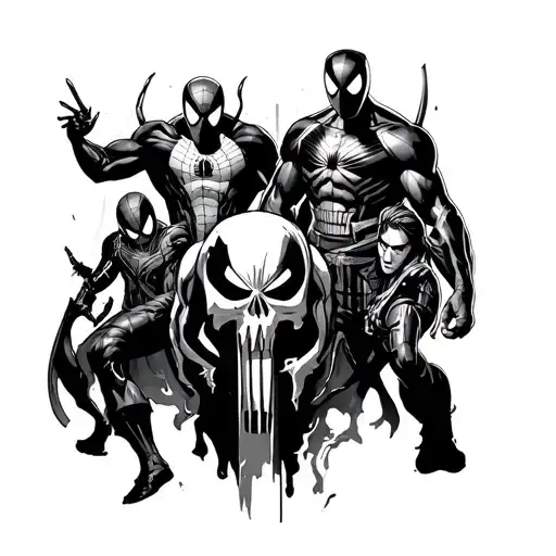 Spiderman, Venom, Deadpool, Punisher, Gambit and Magneto tattoo design idea