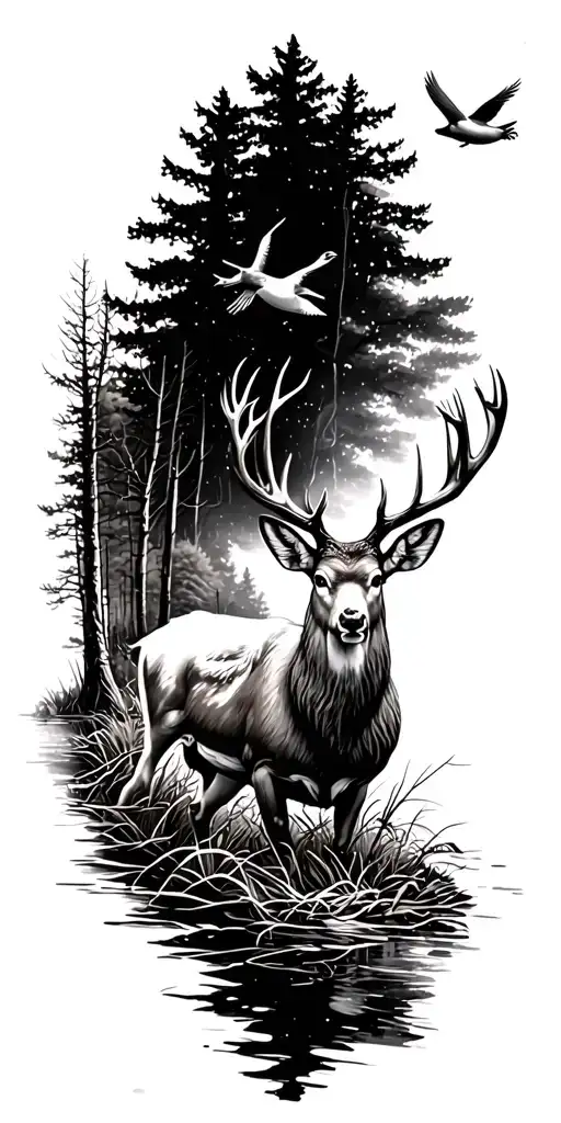 Hunting scenes with Deer and duck flying tattoo design idea