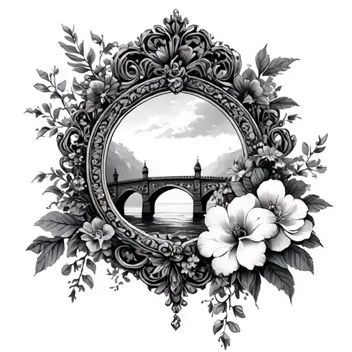 ornate frame with bridge and falling flower bouquet tattoo design idea