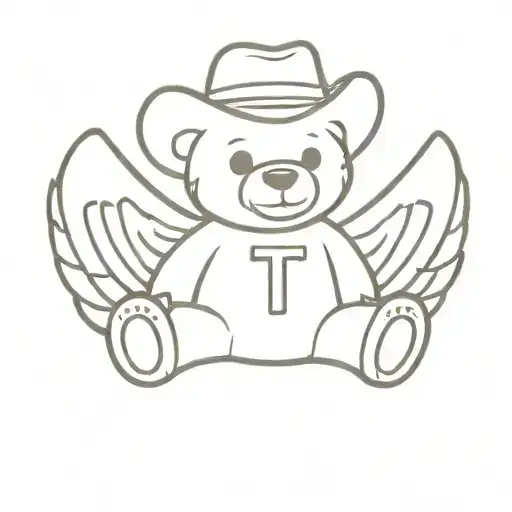 teddy bear sitting with the letter T on its foot with a cowboy hat and wings tattoo design idea