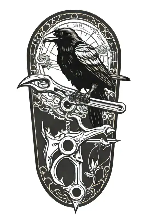 raven perched mechanics wrench tattoo design idea