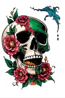 skull with broken jaw and flower motif tattoo design idea