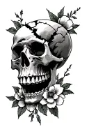 skull with broken jaw and flower motif tattoo design idea
