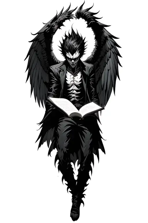 ryuk spreading his wings over light yagami writing in the deathnote tattoo design idea