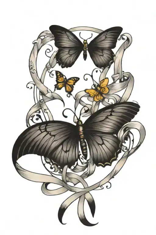 Down syndrome ribbon and butterfly wings spread tattoo design idea