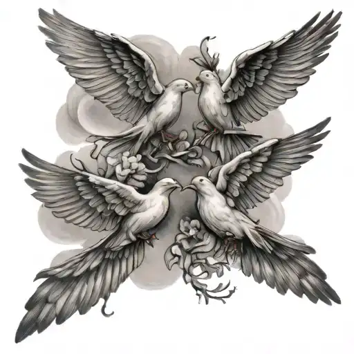 5 doves flying through a cloud with tree of heaven tattoo design idea