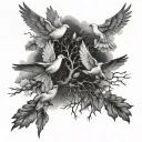 5 doves flying through a cloud with tree of heaven tattoo design idea