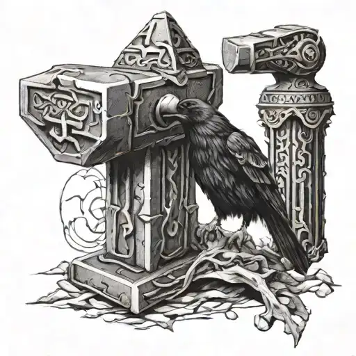 thors hammer with raven perched tattoo design idea