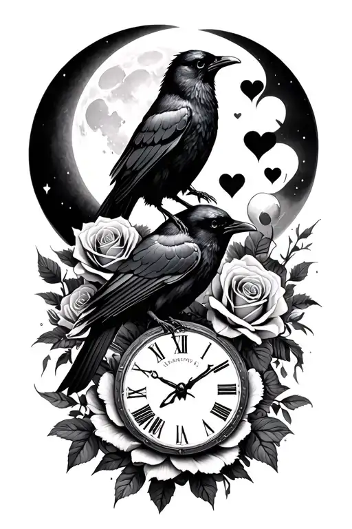 Roses, skulls, moon, raven, clock, flash, bat, heart tattoo design idea