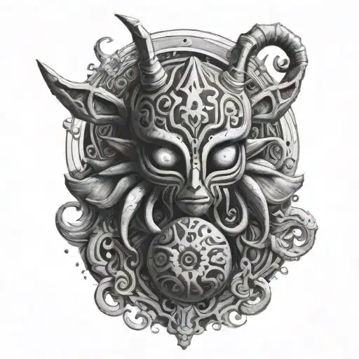 majoras mask moon with octypus god with calm eyes swallowing a woman tattoo design idea