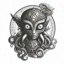 majoras mask moon with octypus god with calm eyes swallowing a woman tattoo design idea