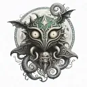 majoras mask moon with octypus god with calm eyes swallowing a woman tattoo design idea