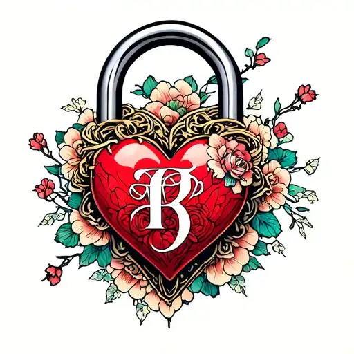 AVJ initials intertwined inside heart shaped lock tattoo design idea