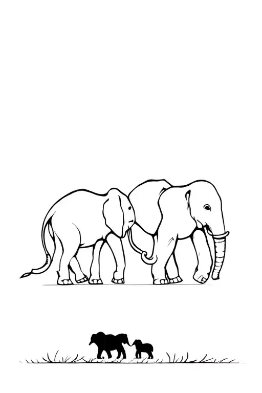 father, morher & baby elephant walking in a line holding tails in size order  tattoo design idea