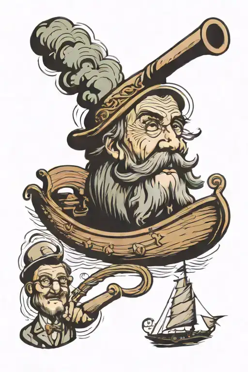 church warden tobacco pipe and smoke rising into the shape of a ship tattoo design idea