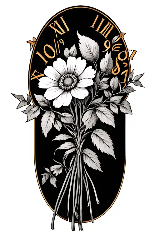  have a bouquet of marie gold flower with roman numerals of 10/9/1981 with vines as filler. tattoo design idea
