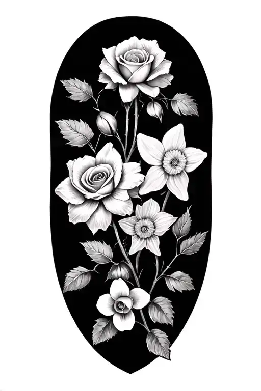 rose, daffodil, narcissus, daisy chain tattoo design idea