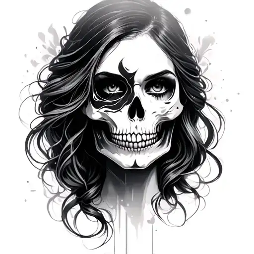 woman face half skull tattoo design idea