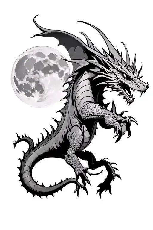 very powerful fierce, wounded, stong, devilish, angry flying dragon, flying towards the moon tattoo design idea