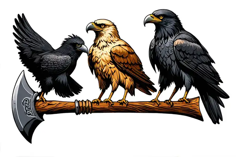 three birds sitting on viking axe. Birds are golden eagle, bald eagle, raven. Nordic tattoo design idea