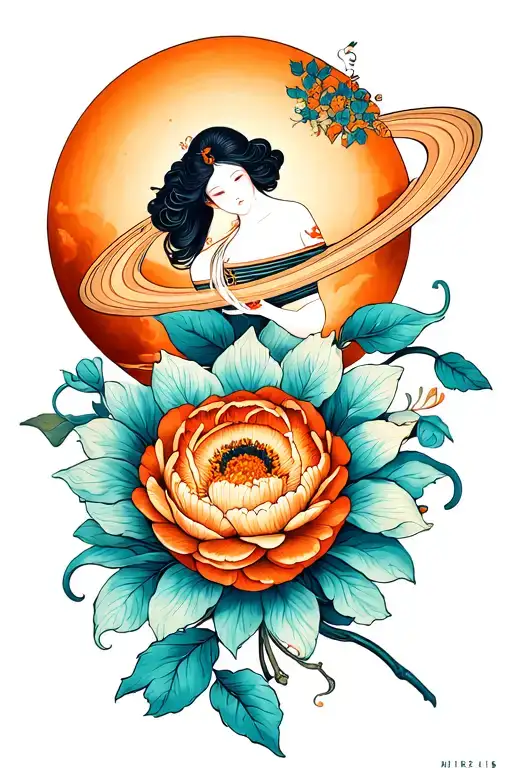 SATURN AND FLOWER OF LIS tattoo design idea