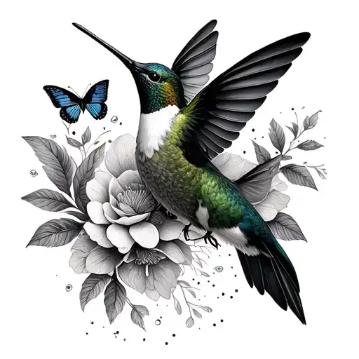 A dotwork pattern of hummingbirds and butterflies forming a seamless floral background tattoo design idea