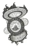 A ring of Tengwar inscriptions (the text from the One Ring) forming an outer circle. A simplified TARDIS (from Doctor Wh tattoo design idea