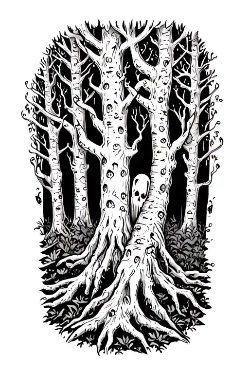 “A black-and-white forearm tattoo illustration of a sweet but eerie haunted forest. The design features many slender, tw tattoo design idea