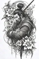 blackwork, trash polka and abstract style, full arm, floral designs, but many, Japan samurai culture. tattoo design idea