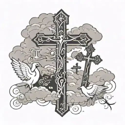 three crosses with silhouette and 2 doves with clouds  tattoo design idea