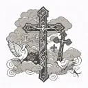 three crosses with silhouette and 2 doves with clouds  tattoo design idea
