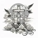 three crosses with silhouette and 2 doves with clouds  tattoo design idea