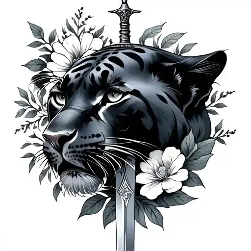 panther with dagger and floral tattoo design idea