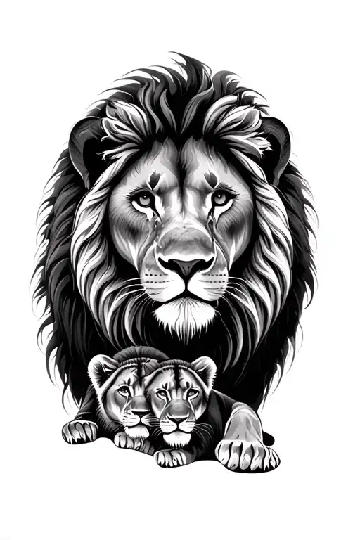 lion, lioness, 2 cubs mandala design incorporating tattoo design idea