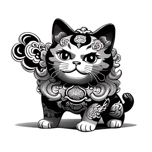 lucky cat cover with lion dancing chinese tattoo design idea