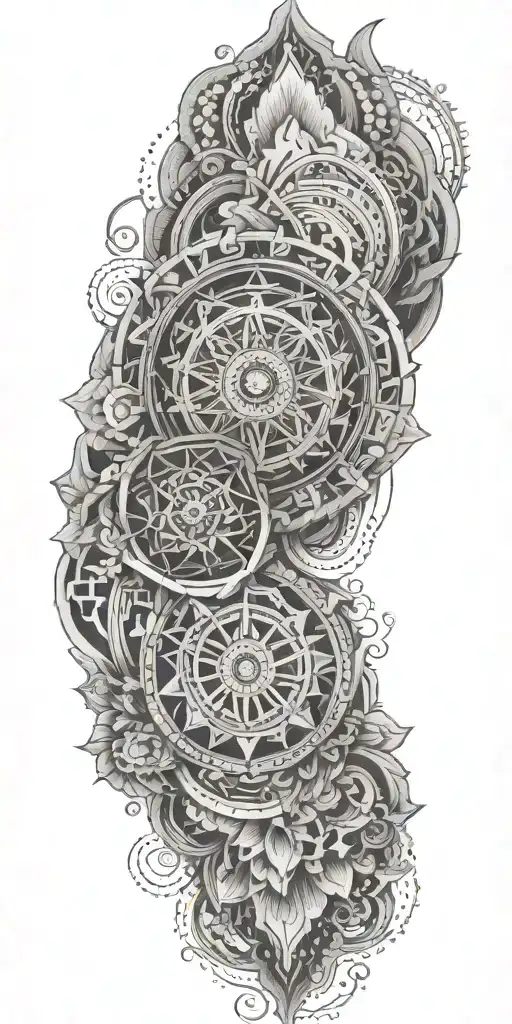 Blend Buddhist mandalas, fine-line wood grain, anime elements, and subtle gaming symbols into a cohesive, flowing design tattoo design idea