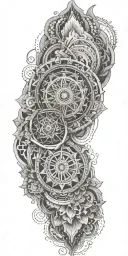 Blend Buddhist mandalas, fine-line wood grain, anime elements, and subtle gaming symbols into a cohesive, flowing design tattoo design idea