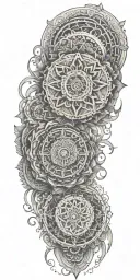 Blend Buddhist mandalas, fine-line wood grain, anime elements, and subtle gaming symbols into a cohesive, flowing design tattoo design idea