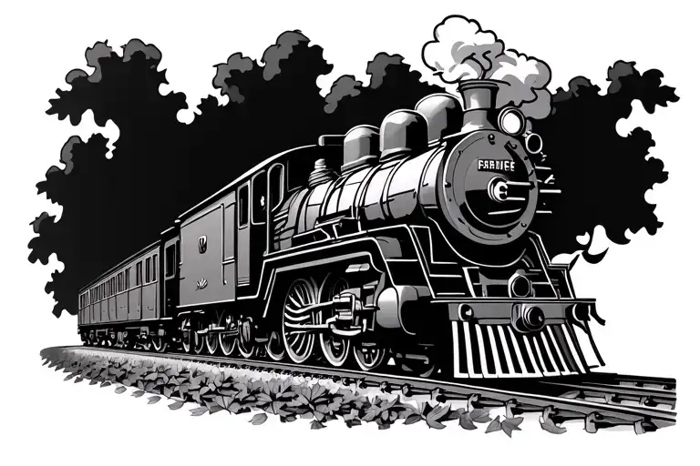 steam train facing forward with fall leaves churning up bold outline tattoo design idea